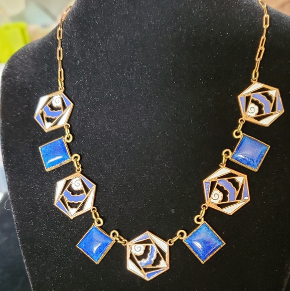 Vintage | Jewelry | Art Deco Brass Enamel Lapis Glass Necklace 92s